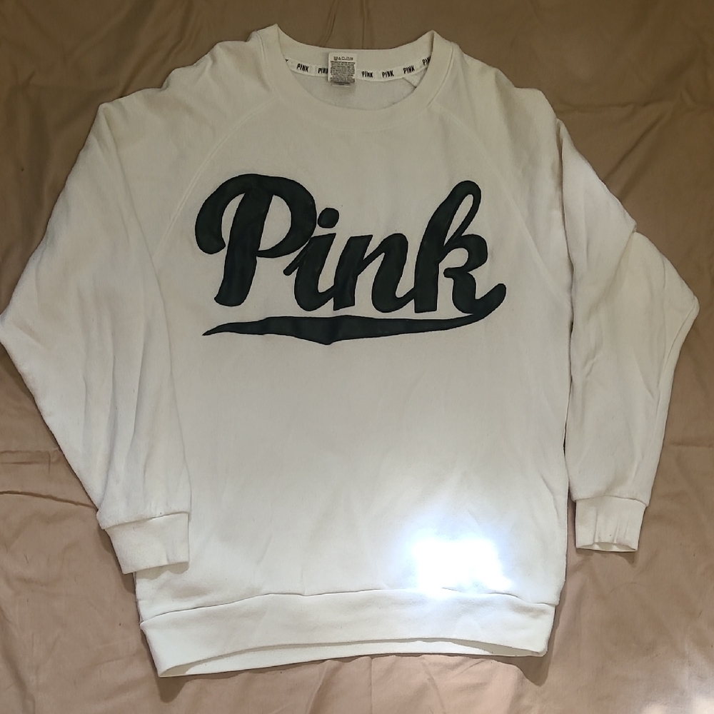 Y2K Victoria's Secret 2000's White Crewneck Sweatshirt w/Faux Leather Black Logo